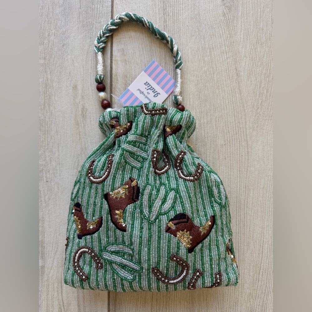 Beaded Green Western Boot Drawstring Shoulder Bag… - image 2